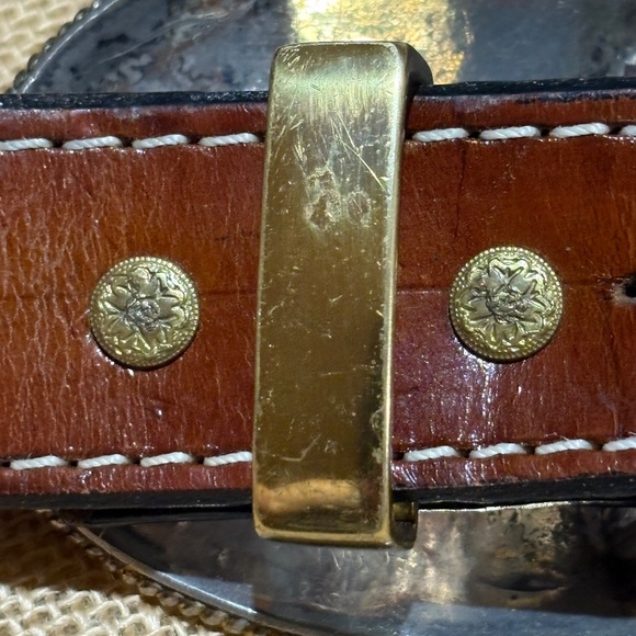 VTG Silver Plated? Western Belt Buckle on Brown Bonded leather Tooled Belt 34/36 - Picture 8 of 16